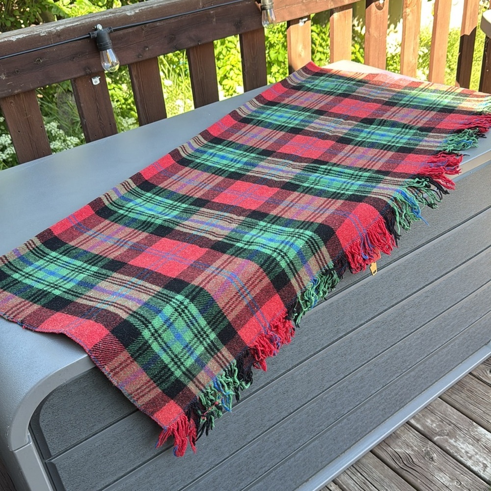Vintage Tartan Wool Blanket/Throw  49 x 46 plus fringing, 60’'s Tartan R,B,Bl,Gr
